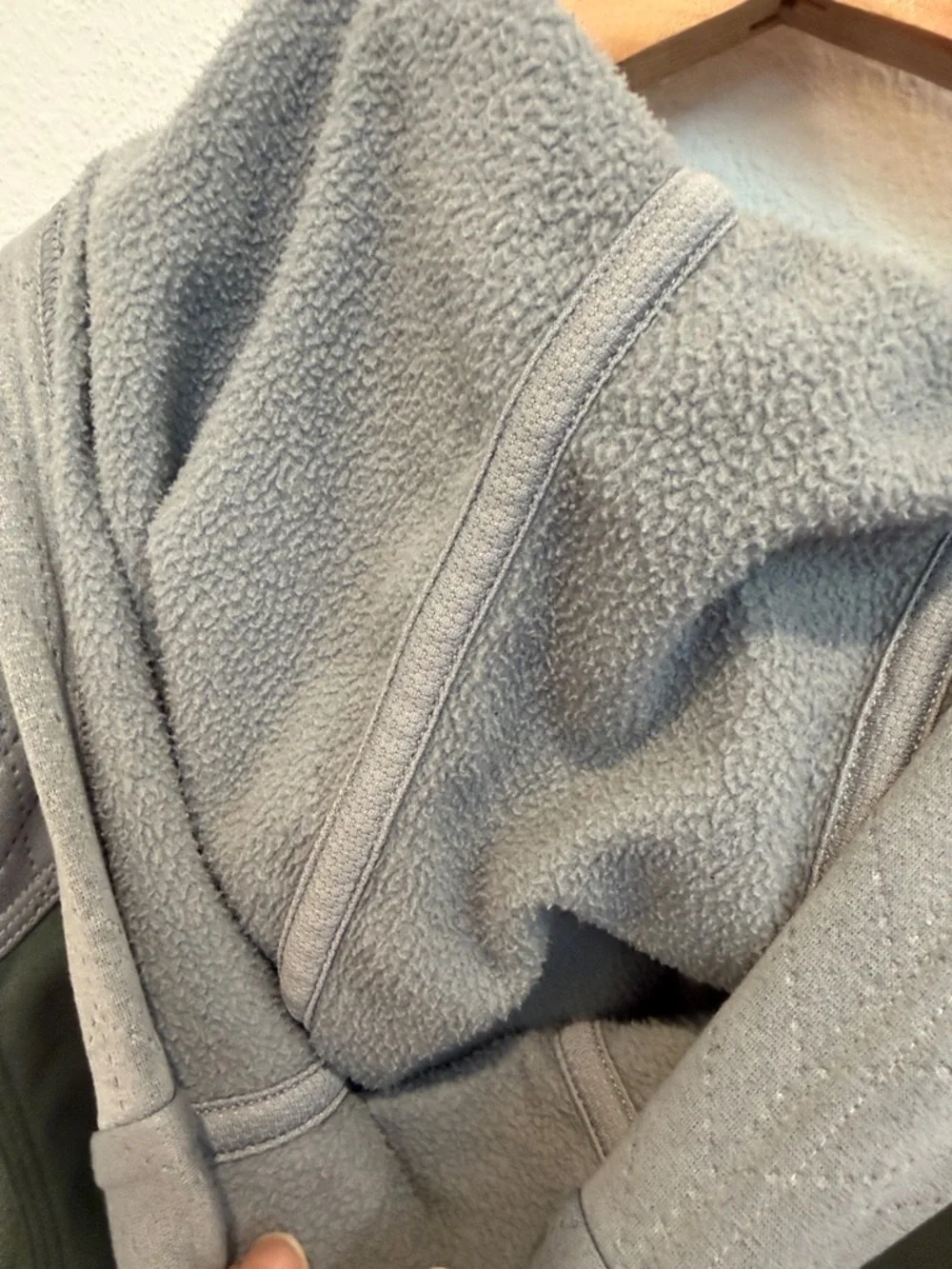 The North Face Olive Green Hoodie with Gray Hood and Shoulder Panels